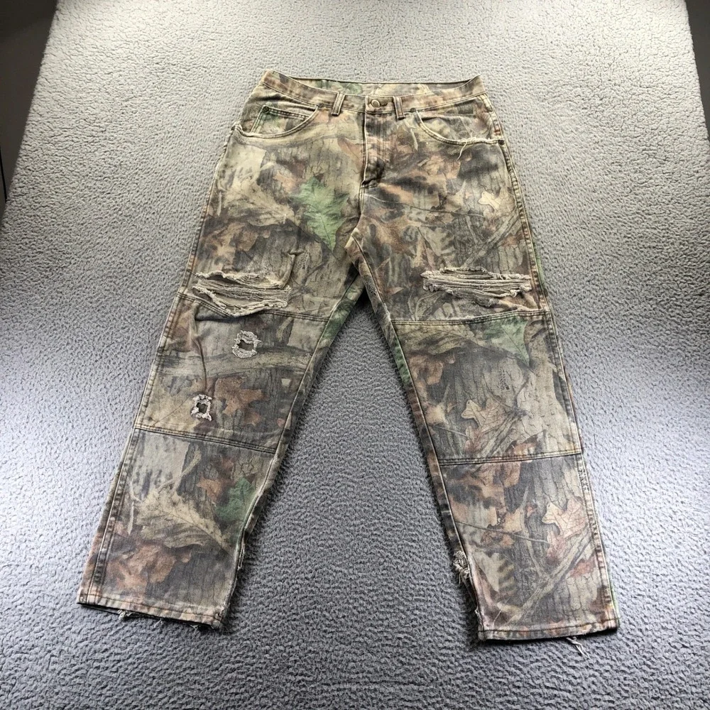 Wrangler Jeans Mens 32x28 Green Camouflage Double Knee Distressed Thrashed